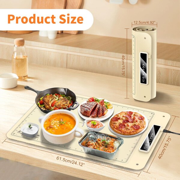 Tapete de calentamiento para alimentos, bandeja eléctrica caliente, calentador de alimentos de superficie completa, 4 niveles de temperatura, función de apagado automático de 5 horas, para - Imagen 4