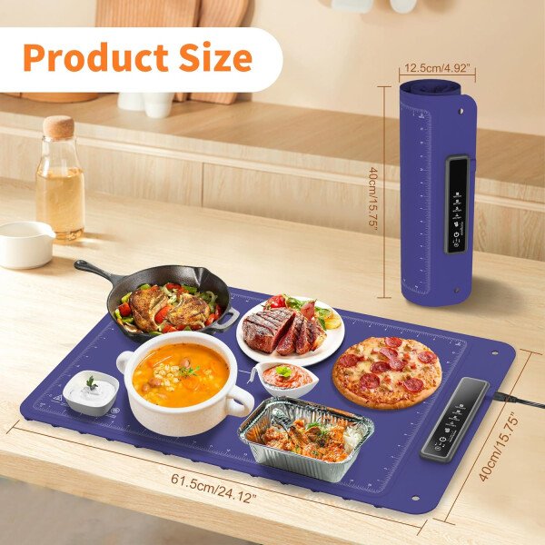 Tapete de calentamiento para alimentos, bandeja eléctrica caliente, calentador de alimentos de superficie completa, 4 niveles de temperatura, función de apagado automático de 5 horas, para - Imagen 11