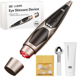 INIA Terapia de luz roja debajo de los ojos para la cara, dispositivo de belleza 4 en 1 con calor, vibración, masaje y luz roja para ojeras, hinchazón y reafirmación de la piel, mejora la rutina de