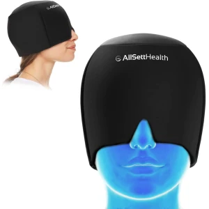 Gorro de alivio de migraña para la cabeza y sombrero | Paquete de gel caliente/frío con compresa de máscara facial y de ojos para aliviar el dolor de cabeza, color negro