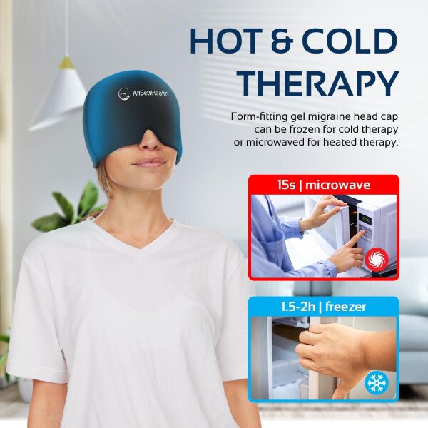 Gorro de alivio de migraña para la cabeza y sombrero | Paquete de gel caliente/frío con compresa de máscara facial y de ojos para aliviar el dolor de cabeza, color negro - Imagen 4
