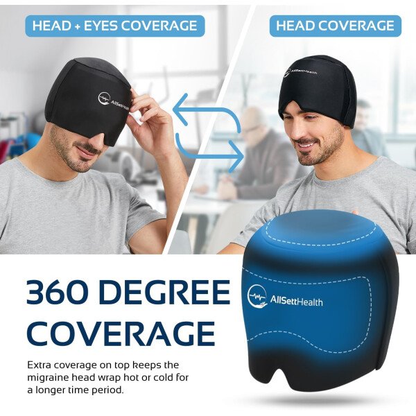 Gorro de alivio de migraña para la cabeza y sombrero | Paquete de gel caliente/frío con compresa de máscara facial y de ojos para aliviar el dolor de cabeza, color negro - Imagen 5