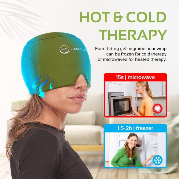 Gorro de alivio de migraña para la cabeza y sombrero | Paquete de gel caliente/frío con compresa de máscara facial y de ojos para aliviar el dolor de cabeza, color negro - Imagen 10
