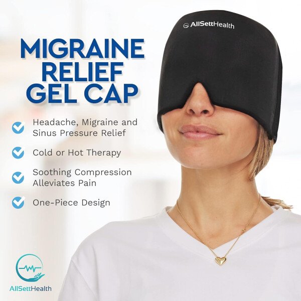 Gorro de alivio de migraña para la cabeza y sombrero | Paquete de gel caliente/frío con compresa de máscara facial y de ojos para aliviar el dolor de cabeza, color negro - Imagen 14
