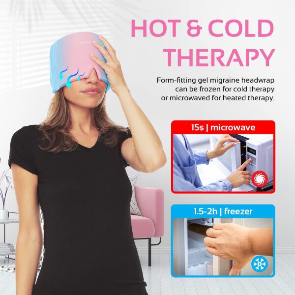 Gorro de alivio de migraña para la cabeza y sombrero | Paquete de gel caliente/frío con compresa de máscara facial y de ojos para aliviar el dolor de cabeza, color negro - Imagen 28