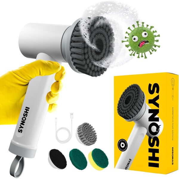 SYNOSHI Limpiador eléctrico giratorio, cepillo de limpieza eléctrica con 3 cabezales, limpiador de ducha impermeable inalámbrico con doble velocidad, perfecto para limpiar baño, azulejos, automóviles