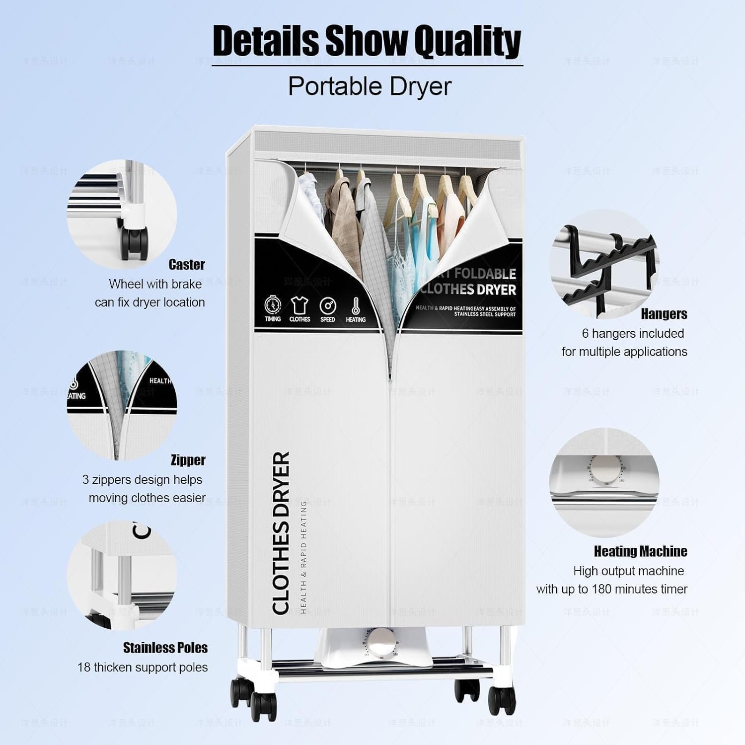 Secadora de ropa, secadora portátil con temporizador, armario de secado de ropa de 60 pulgadas con gran capacidad, secadora eléctrica/estante para el hogar | Apartamentos (gris ZL8) - Imagen 14