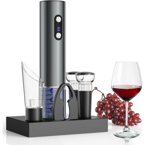 Juego de regalo de abridor de vino eléctrico recargable: abridor de vino, aireador, tapones de vacío y cortador de papel de aluminio, regalos para amantes del vino para mujeres, hombres, mamá