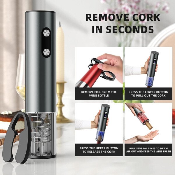 Juego de regalo de abridor de vino eléctrico recargable: abridor de vino, aireador, tapones de vacío y cortador de papel de aluminio, regalos para amantes del vino para mujeres, hombres, mamá - Imagen 3
