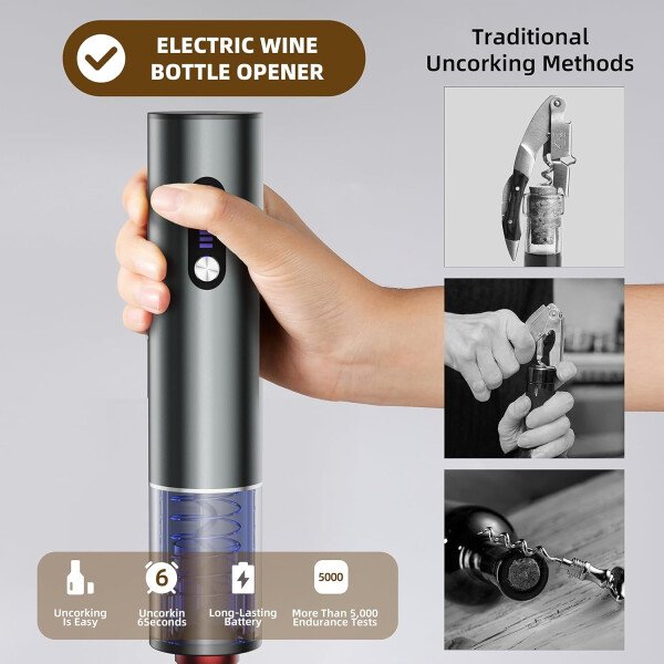 Juego de regalo de abridor de vino eléctrico recargable: abridor de vino, aireador, tapones de vacío y cortador de papel de aluminio, regalos para amantes del vino para mujeres, hombres, mamá - Imagen 4