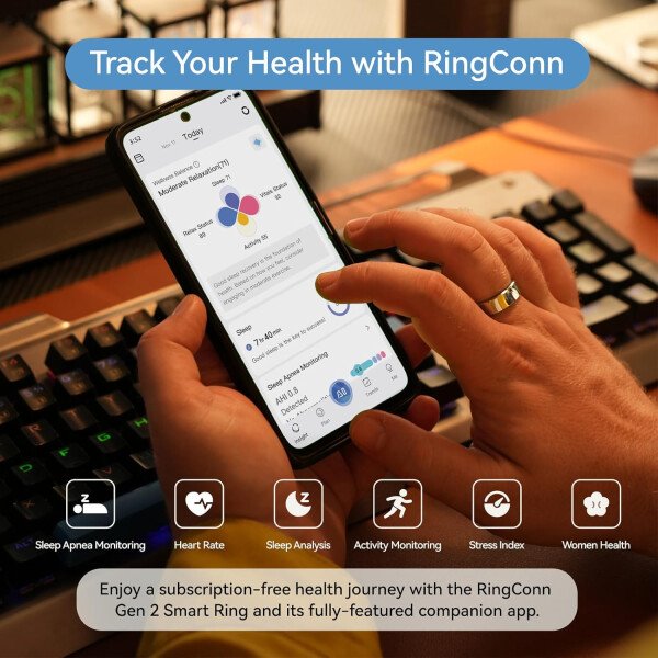 RingConn - Gen 2, anillo inteligente con monitoreo de apnea del sueño, sin suscripción, batería de 12 días, seguimiento de salud, compatible con Android y iOS (plateado, talla 10) - Imagen 4