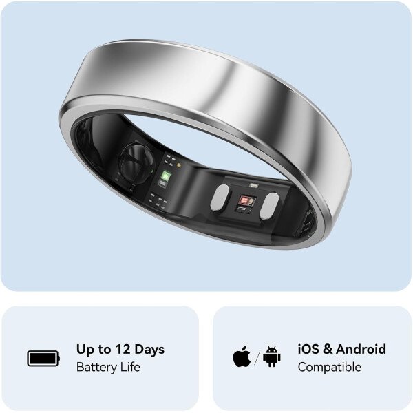 RingConn - Gen 2, anillo inteligente con monitoreo de apnea del sueño, sin suscripción, batería de 12 días, seguimiento de salud, compatible con Android y iOS (plateado, talla 10) - Imagen 6