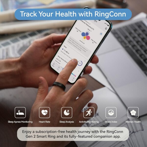RingConn - Gen 2, anillo inteligente con monitoreo de apnea del sueño, sin suscripción, batería de 12 días, seguimiento de salud, compatible con Android y iOS (plateado, talla 10) - Imagen 11
