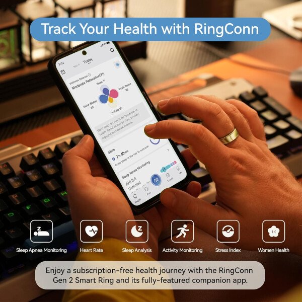 RingConn - Gen 2, anillo inteligente con monitoreo de apnea del sueño, sin suscripción, batería de 12 días, seguimiento de salud, compatible con Android y iOS (plateado, talla 10) - Imagen 20