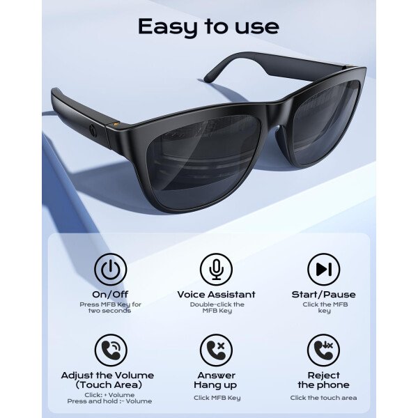 Lentes Bluetooth inteligentes, micrófono y altavoces integrados, lentes de sol inalámbricos inteligentes para hombres y mujeres, protección UV atlética/al aire libre y control de - Imagen 3