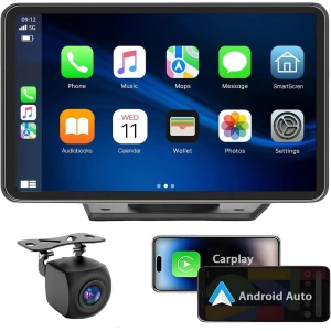 Carplay - Pantalla táctil portátil inalámbrica para coche, estéreo, Bluetooth, control de voz de 7 pulgadas para Apple Car Play y Android Auto Car Audio HD pantalla con cámara de respaldo de 1080p