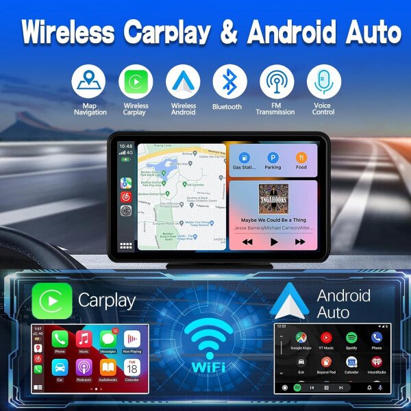 Carplay - Pantalla táctil portátil inalámbrica para coche, estéreo, Bluetooth, control de voz de 7 pulgadas para Apple Car Play y Android Auto Car Audio HD pantalla con cámara de respaldo de 1080p - Imagen 2