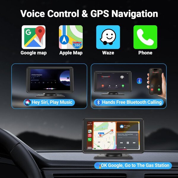 Carplay - Pantalla táctil portátil inalámbrica para coche, estéreo, Bluetooth, control de voz de 7 pulgadas para Apple Car Play y Android Auto Car Audio HD pantalla con cámara de respaldo de 1080p - Imagen 6