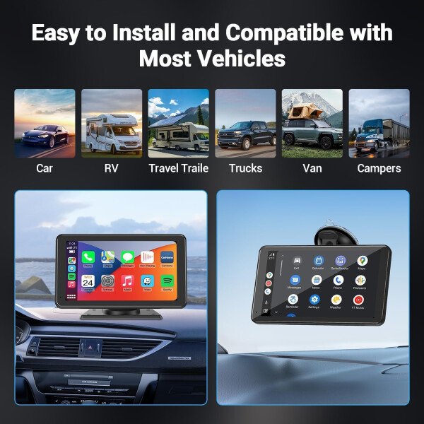 Carplay - Pantalla táctil portátil inalámbrica para coche, estéreo, Bluetooth, control de voz de 7 pulgadas para Apple Car Play y Android Auto Car Audio HD pantalla con cámara de respaldo de 1080p - Imagen 7