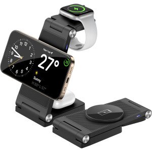 Soporte de cargador inalámbrico magnético, estación de carga inalámbrica plegable 3 en 1 con adaptador de 20 W, cargador de viaje para múltiples dispositivos para iPhone 17 16 15 14 13 12 Pro/Max/Plus