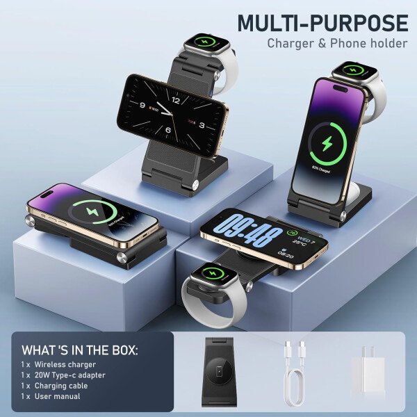 Soporte de cargador inalámbrico magnético, estación de carga inalámbrica plegable 3 en 1 con adaptador de 20 W, cargador de viaje para múltiples dispositivos para iPhone 17 16 15 14 13 12 Pro/Max/Plus - Imagen 2