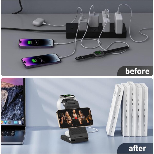 Soporte de cargador inalámbrico magnético, estación de carga inalámbrica plegable 3 en 1 con adaptador de 20 W, cargador de viaje para múltiples dispositivos para iPhone 17 16 15 14 13 12 Pro/Max/Plus - Imagen 6