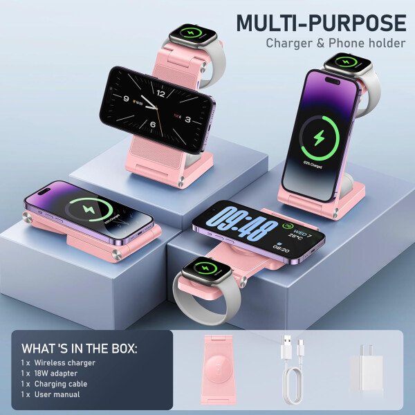 Soporte de cargador inalámbrico magnético, estación de carga inalámbrica plegable 3 en 1 con adaptador de 20 W, cargador de viaje para múltiples dispositivos para iPhone 17 16 15 14 13 12 Pro/Max/Plus - Imagen 8