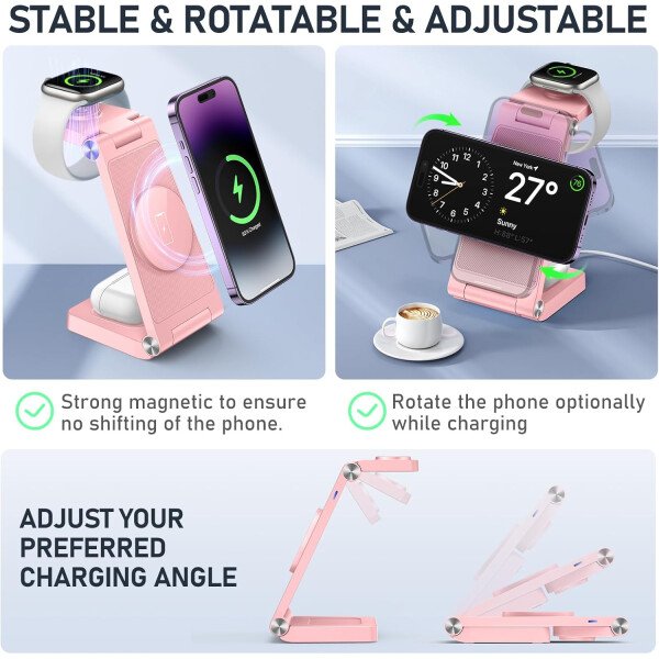 Soporte de cargador inalámbrico magnético, estación de carga inalámbrica plegable 3 en 1 con adaptador de 20 W, cargador de viaje para múltiples dispositivos para iPhone 17 16 15 14 13 12 Pro/Max/Plus - Imagen 10