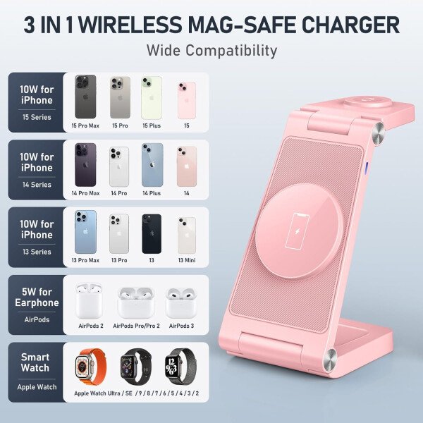 Soporte de cargador inalámbrico magnético, estación de carga inalámbrica plegable 3 en 1 con adaptador de 20 W, cargador de viaje para múltiples dispositivos para iPhone 17 16 15 14 13 12 Pro/Max/Plus - Imagen 11