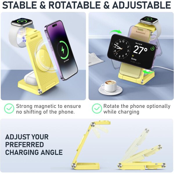 Soporte de cargador inalámbrico magnético, estación de carga inalámbrica plegable 3 en 1 con adaptador de 20 W, cargador de viaje para múltiples dispositivos para iPhone 17 16 15 14 13 12 Pro/Max/Plus - Imagen 16