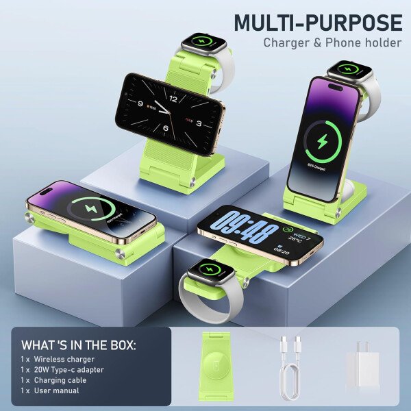 Soporte de cargador inalámbrico magnético, estación de carga inalámbrica plegable 3 en 1 con adaptador de 20 W, cargador de viaje para múltiples dispositivos para iPhone 17 16 15 14 13 12 Pro/Max/Plus - Imagen 20