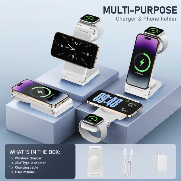 Soporte de cargador inalámbrico magnético, estación de carga inalámbrica plegable 3 en 1 con adaptador de 20 W, cargador de viaje para múltiples dispositivos para iPhone 17 16 15 14 13 12 Pro/Max/Plus - Imagen 26