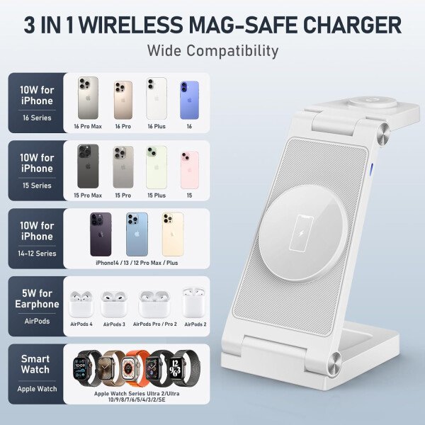 Soporte de cargador inalámbrico magnético, estación de carga inalámbrica plegable 3 en 1 con adaptador de 20 W, cargador de viaje para múltiples dispositivos para iPhone 17 16 15 14 13 12 Pro/Max/Plus - Imagen 29