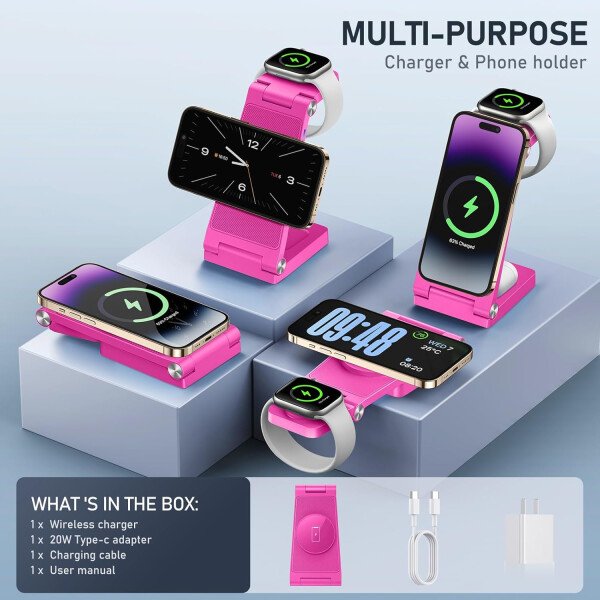 Soporte de cargador inalámbrico magnético, estación de carga inalámbrica plegable 3 en 1 con adaptador de 20 W, cargador de viaje para múltiples dispositivos para iPhone 17 16 15 14 13 12 Pro/Max/Plus - Imagen 32