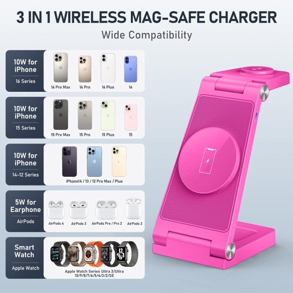 Soporte de cargador inalámbrico magnético, estación de carga inalámbrica plegable 3 en 1 con adaptador de 20 W, cargador de viaje para múltiples dispositivos para iPhone 17 16 15 14 13 12 Pro/Max/Plus - Imagen 35
