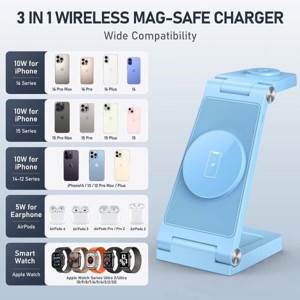 Soporte de cargador inalámbrico magnético, estación de carga inalámbrica plegable 3 en 1 con adaptador de 20 W, cargador de viaje para múltiples dispositivos para iPhone 17 16 15 14 13 12 Pro/Max/Plus - Imagen 47