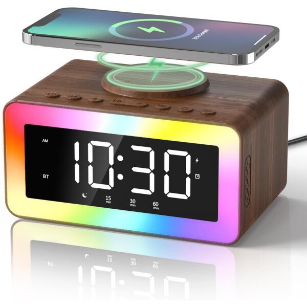 Reloj despertador con carga inalámbrica, máquina de sonido de ruido blanco/marrón, luz nocturna con altavoz Bluetooth, relojes despertadores digitales de madera para dormitorios, cargador inalámbrico