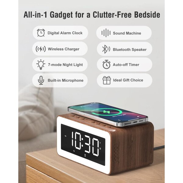 Reloj despertador con carga inalámbrica, máquina de sonido de ruido blanco/marrón, luz nocturna con altavoz Bluetooth, relojes despertadores digitales de madera para dormitorios, cargador inalámbrico - Imagen 2
