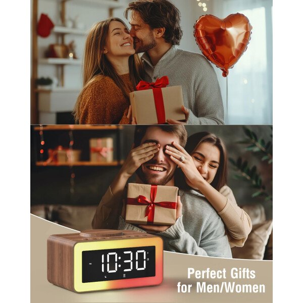 Reloj despertador con carga inalámbrica, máquina de sonido de ruido blanco/marrón, luz nocturna con altavoz Bluetooth, relojes despertadores digitales de madera para dormitorios, cargador inalámbrico - Imagen 3
