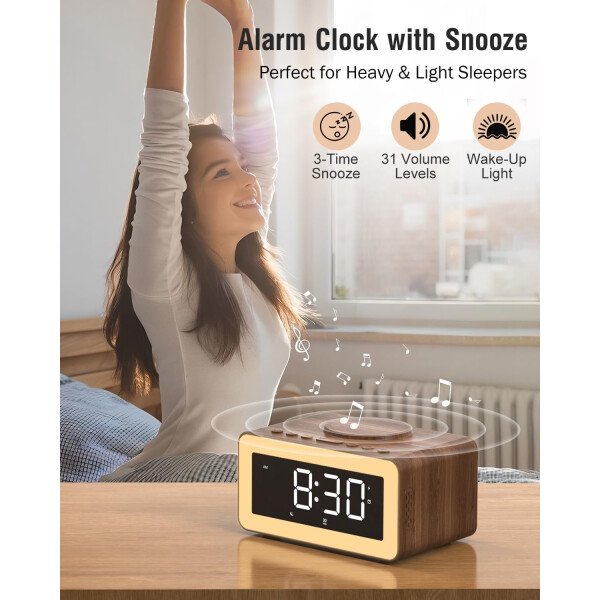 Reloj despertador con carga inalámbrica, máquina de sonido de ruido blanco/marrón, luz nocturna con altavoz Bluetooth, relojes despertadores digitales de madera para dormitorios, cargador inalámbrico - Imagen 4