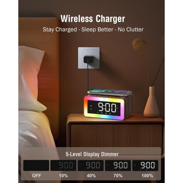 Reloj despertador con carga inalámbrica, máquina de sonido de ruido blanco/marrón, luz nocturna con altavoz Bluetooth, relojes despertadores digitales de madera para dormitorios, cargador inalámbrico - Imagen 5
