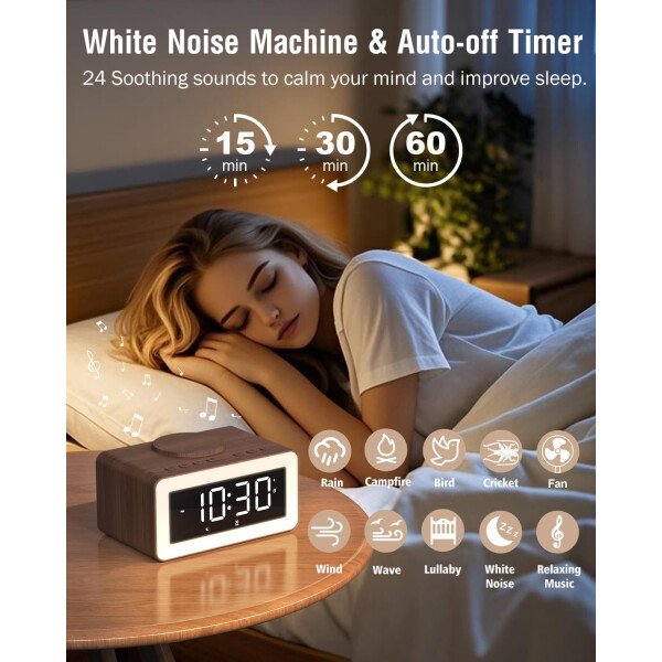 Reloj despertador con carga inalámbrica, máquina de sonido de ruido blanco/marrón, luz nocturna con altavoz Bluetooth, relojes despertadores digitales de madera para dormitorios, cargador inalámbrico - Imagen 6