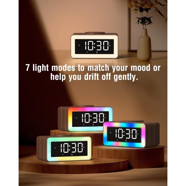 Reloj despertador con carga inalámbrica, máquina de sonido de ruido blanco/marrón, luz nocturna con altavoz Bluetooth, relojes despertadores digitales de madera para dormitorios, cargador inalámbrico - Imagen 7