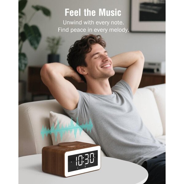 Reloj despertador con carga inalámbrica, máquina de sonido de ruido blanco/marrón, luz nocturna con altavoz Bluetooth, relojes despertadores digitales de madera para dormitorios, cargador inalámbrico - Imagen 8