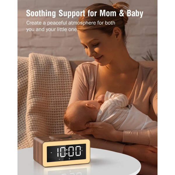 Reloj despertador con carga inalámbrica, máquina de sonido de ruido blanco/marrón, luz nocturna con altavoz Bluetooth, relojes despertadores digitales de madera para dormitorios, cargador inalámbrico - Imagen 9