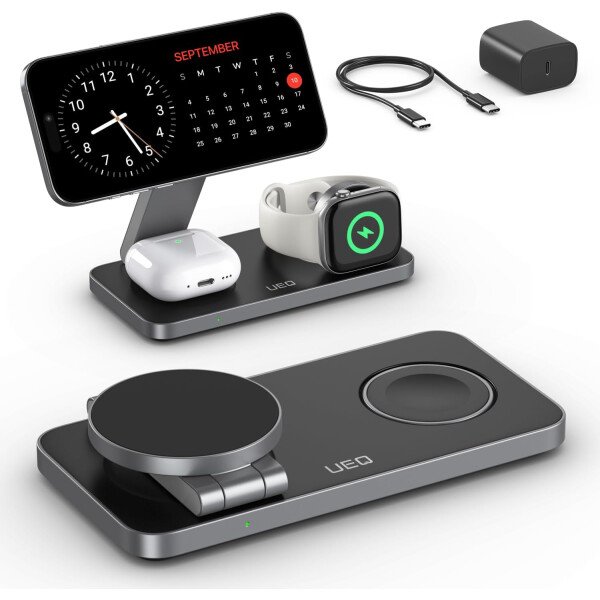 Estación de carga inalámbrica plegable 3 en 1 para soporte de cargador Apple Magsafe, estación de carga inalámbrica magnética rápida para iPhone 17 Air 16 15 14 13 12 Series, Airpods Pro, Apple