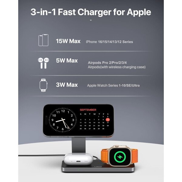 Estación de carga inalámbrica plegable 3 en 1 para soporte de cargador Apple Magsafe, estación de carga inalámbrica magnética rápida para iPhone 17 Air 16 15 14 13 12 Series, Airpods Pro, Apple - Imagen 6