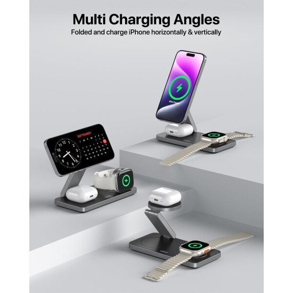 Estación de carga inalámbrica plegable 3 en 1 para soporte de cargador Apple Magsafe, estación de carga inalámbrica magnética rápida para iPhone 17 Air 16 15 14 13 12 Series, Airpods Pro, Apple - Imagen 8