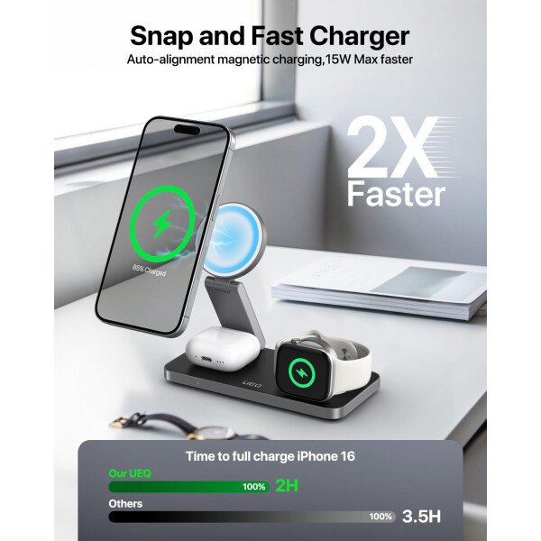 Estación de carga inalámbrica plegable 3 en 1 para soporte de cargador Apple Magsafe, estación de carga inalámbrica magnética rápida para iPhone 17 Air 16 15 14 13 12 Series, Airpods Pro, Apple - Imagen 11