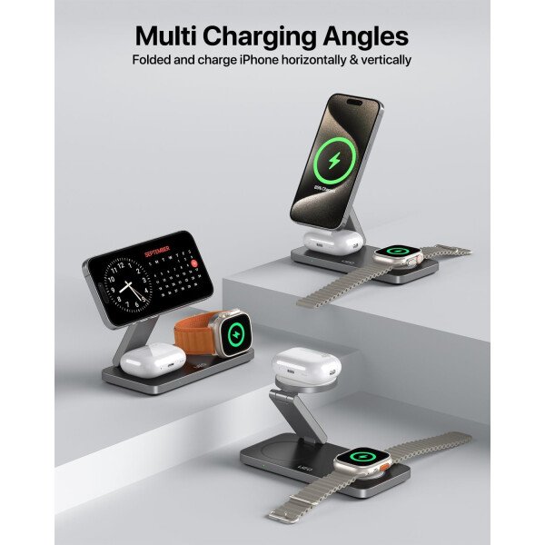 Estación de carga inalámbrica plegable 3 en 1 para soporte de cargador Apple Magsafe, estación de carga inalámbrica magnética rápida para iPhone 17 Air 16 15 14 13 12 Series, Airpods Pro, Apple - Imagen 14